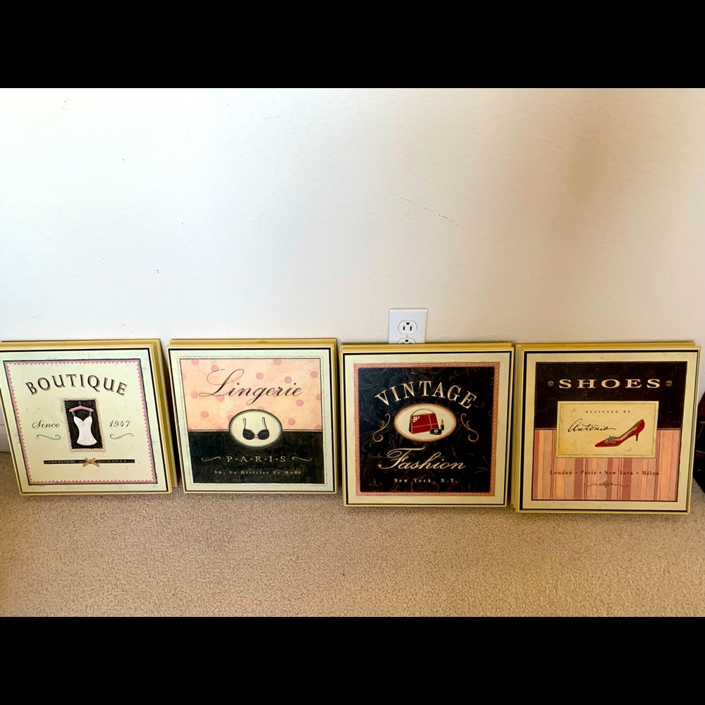 Vintage style artistic wall hanging.  Sold as a set.  12” x 12”, 1 1/2” wide